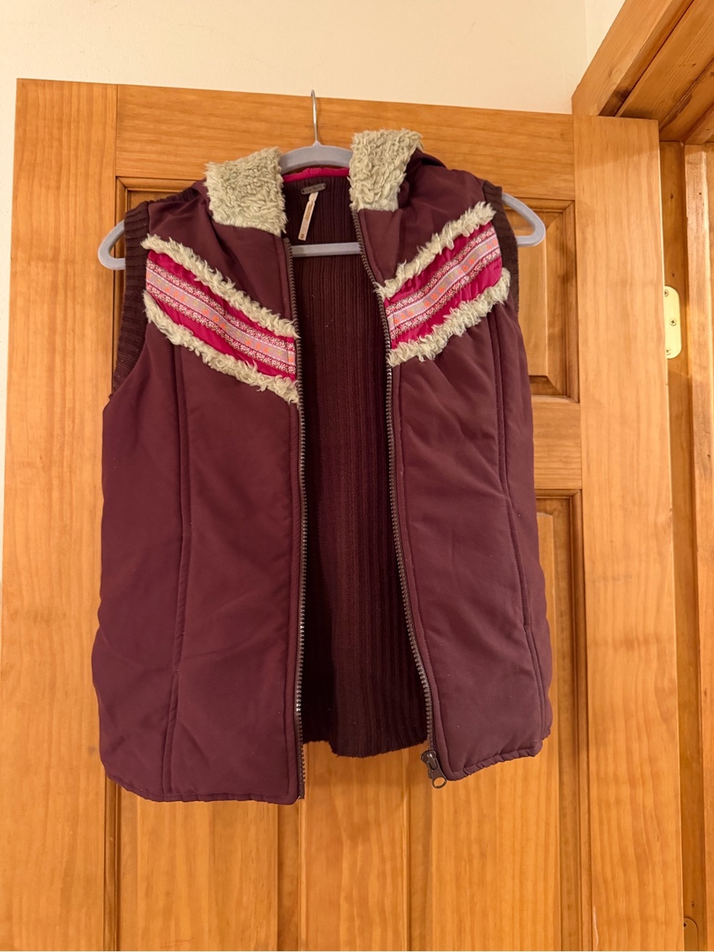 Free People Quilted Hooded Vest in Burgundy with Pink Trim